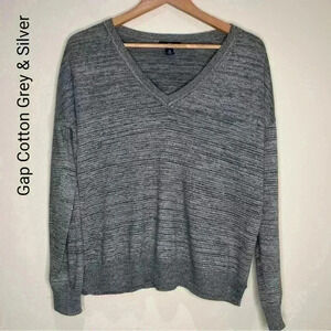 Gap V Neck Cotton Sweater  Grey & Metallic Silver